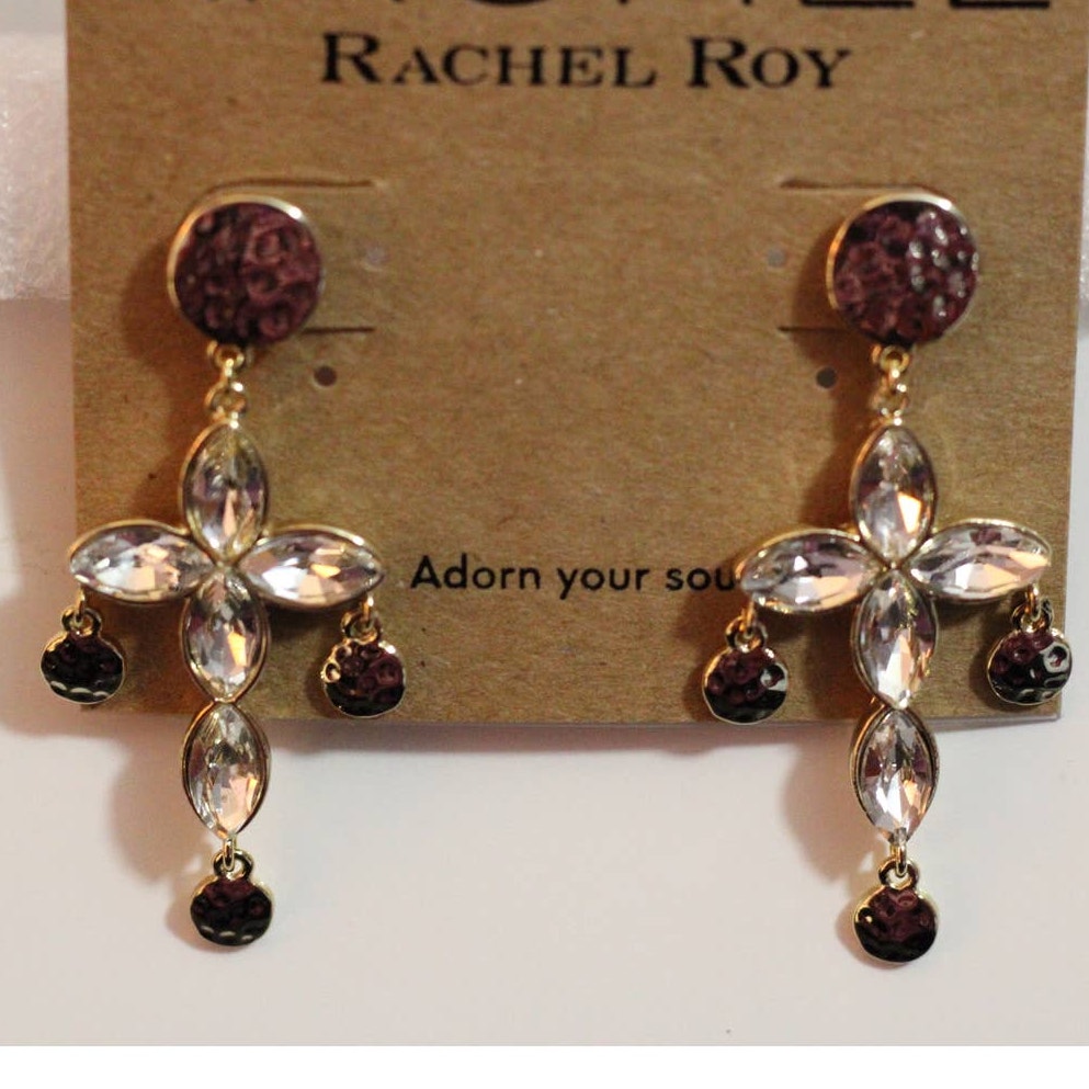 Rachel Roy Gold Crystal Cross Dangle Drop Post Fashion Earrings ~ New